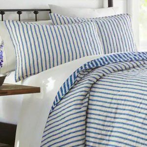 NEW Stone Cottage Willow Way Ticking Stripe 3pc Navy Blue Queen Quilt Set